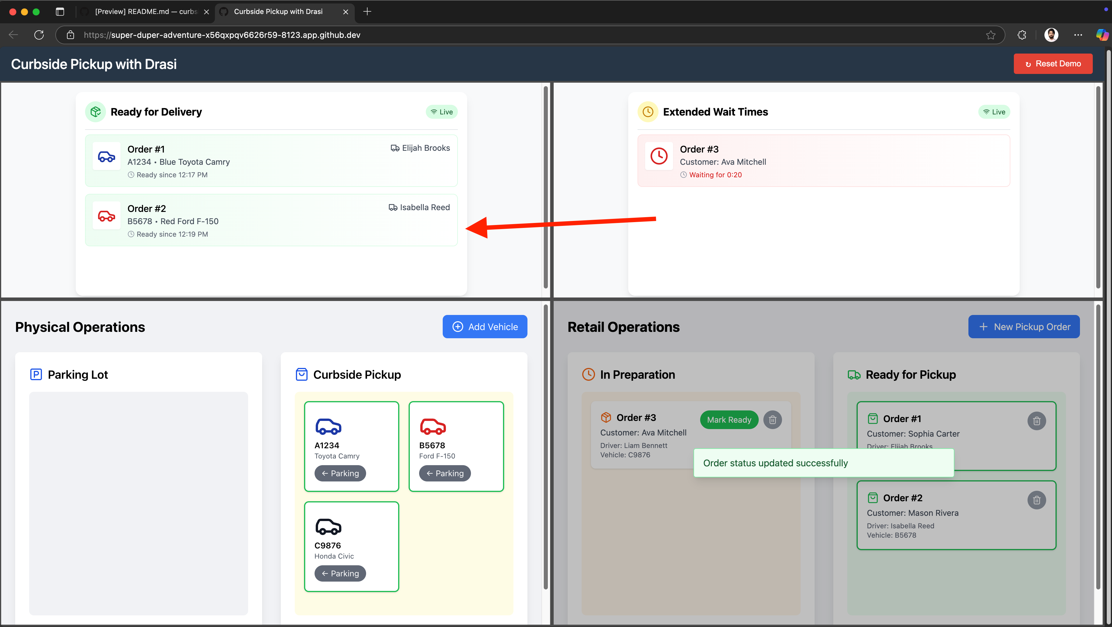 Demo portal showing Order #2 moved from Delay to Delivery Dashboard