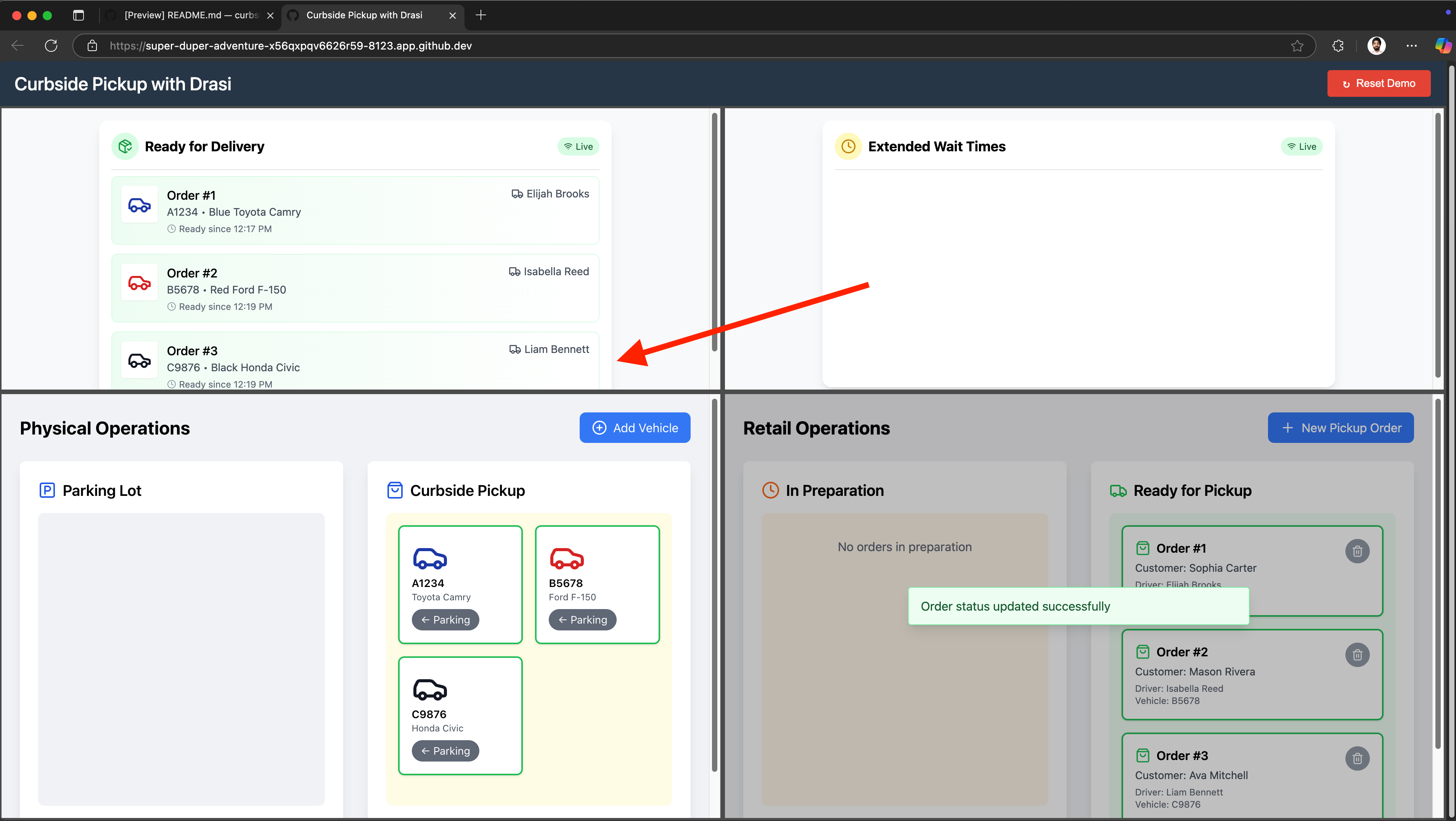 Demo portal showing all three orders ready for delivery with no delays