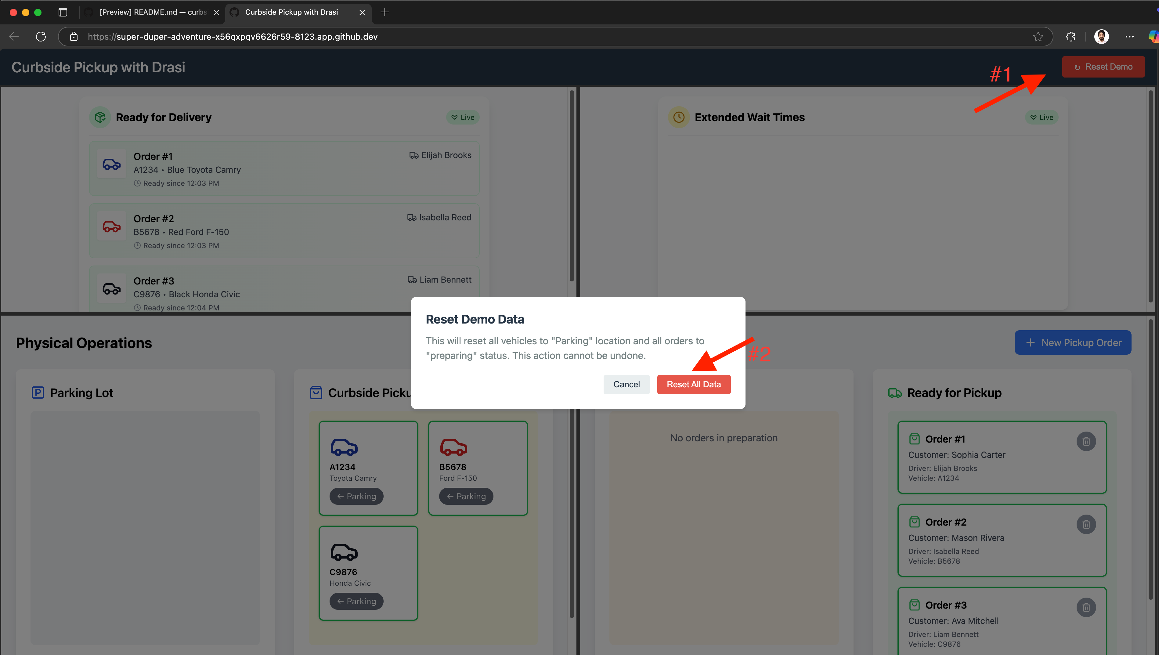 Demo portal showing reset button in top right corner