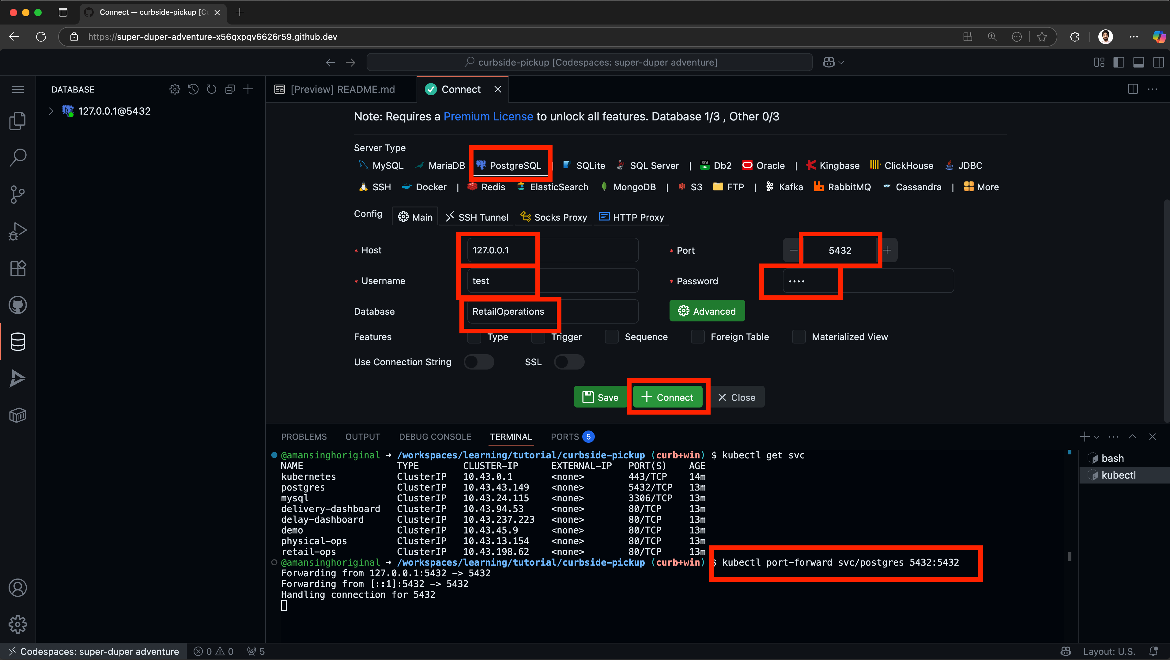 Database Client extension showing PostgreSQL connection configuration