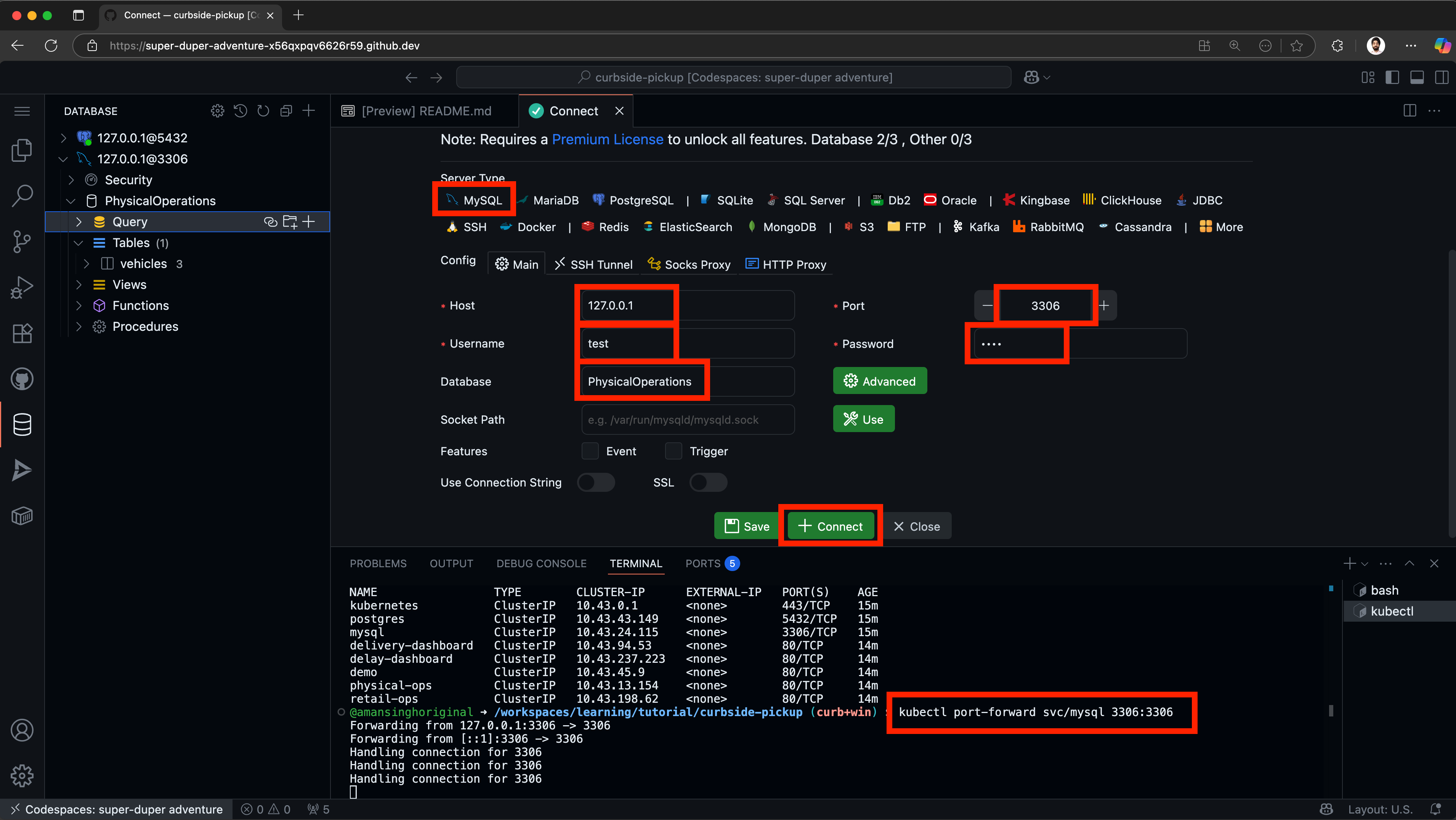 Database Client extension showing MySQL connection configuration