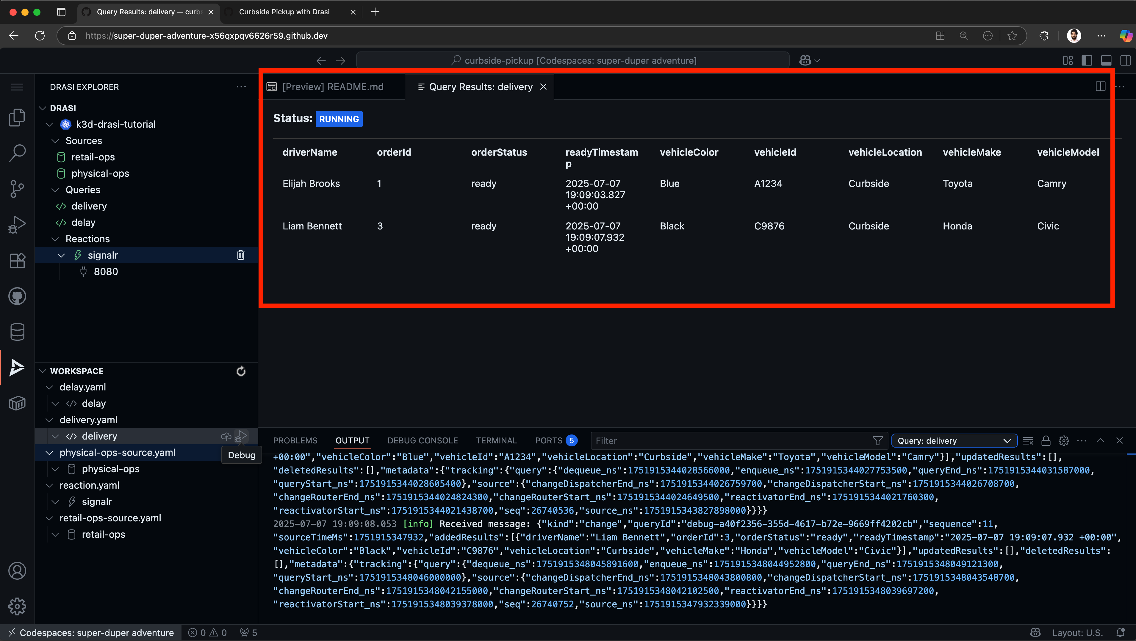Drasi VS Code extension showing live query results for matched orders