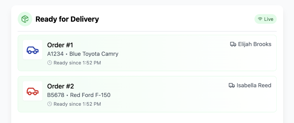 Screenshot of the Order Delivery Dashboard, displaying a list of matched orders that are ready for pickup.