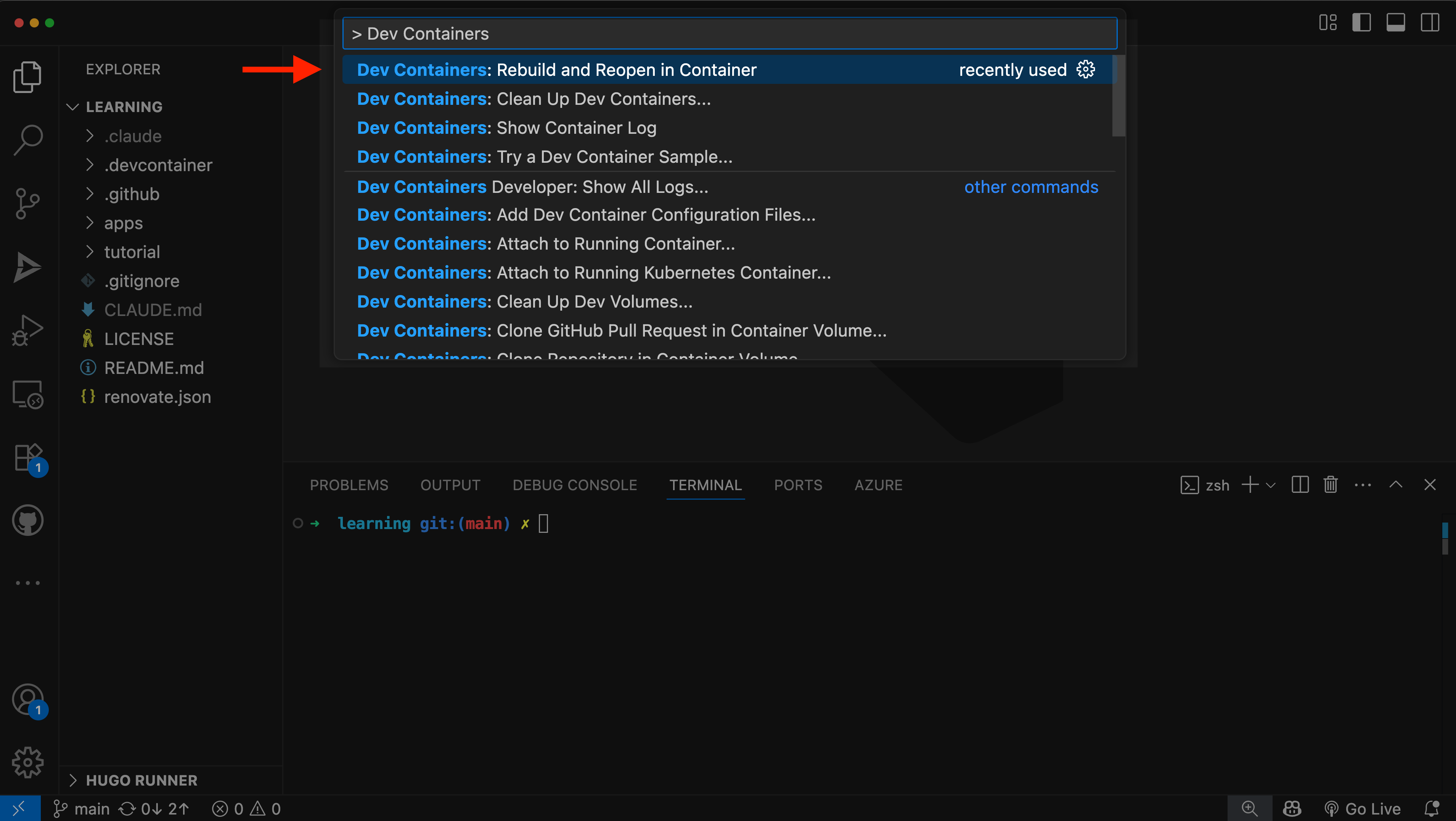 VS Code command palette showing Dev Containers: Rebuild and Reopen in Container option