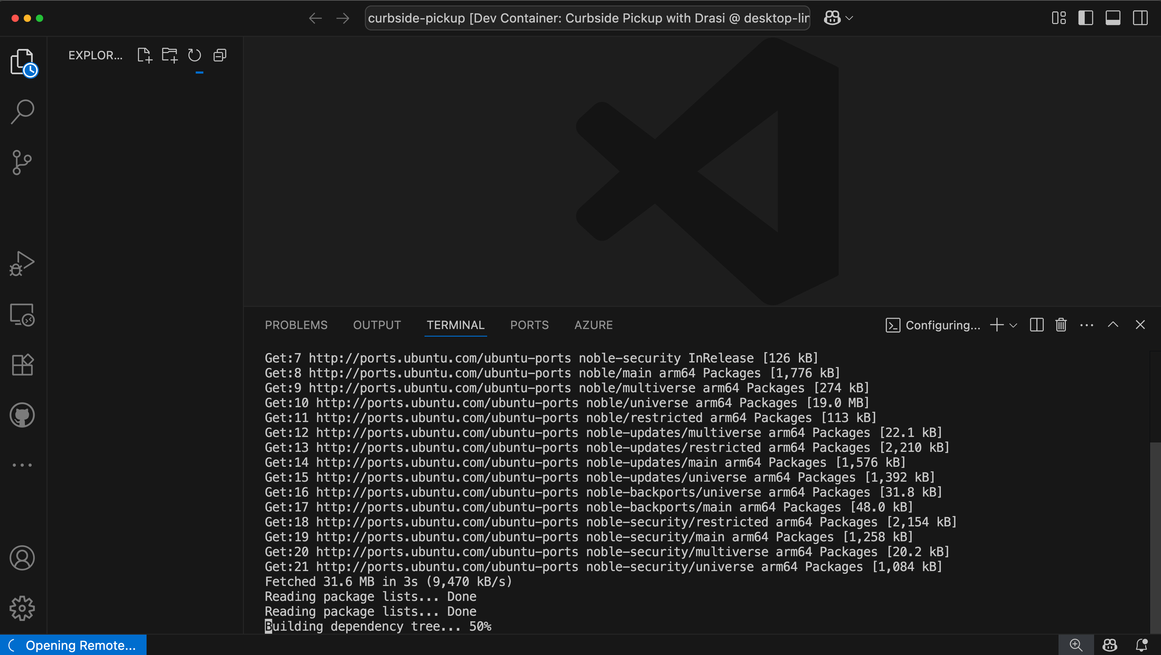 Dev container creation and setup in progress for Curbside Pickup tutorial