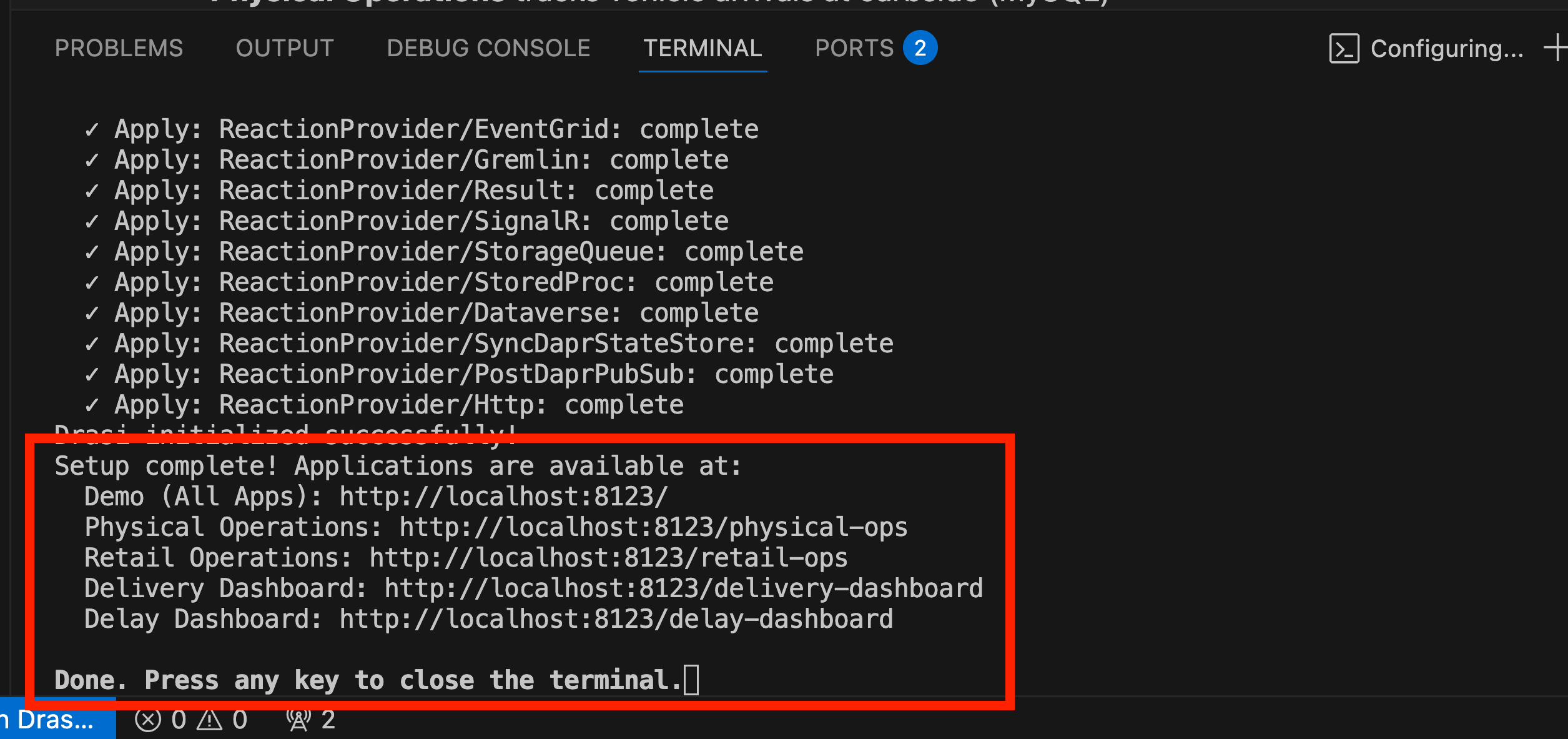 VS Code terminal showing tutorial setup complete message