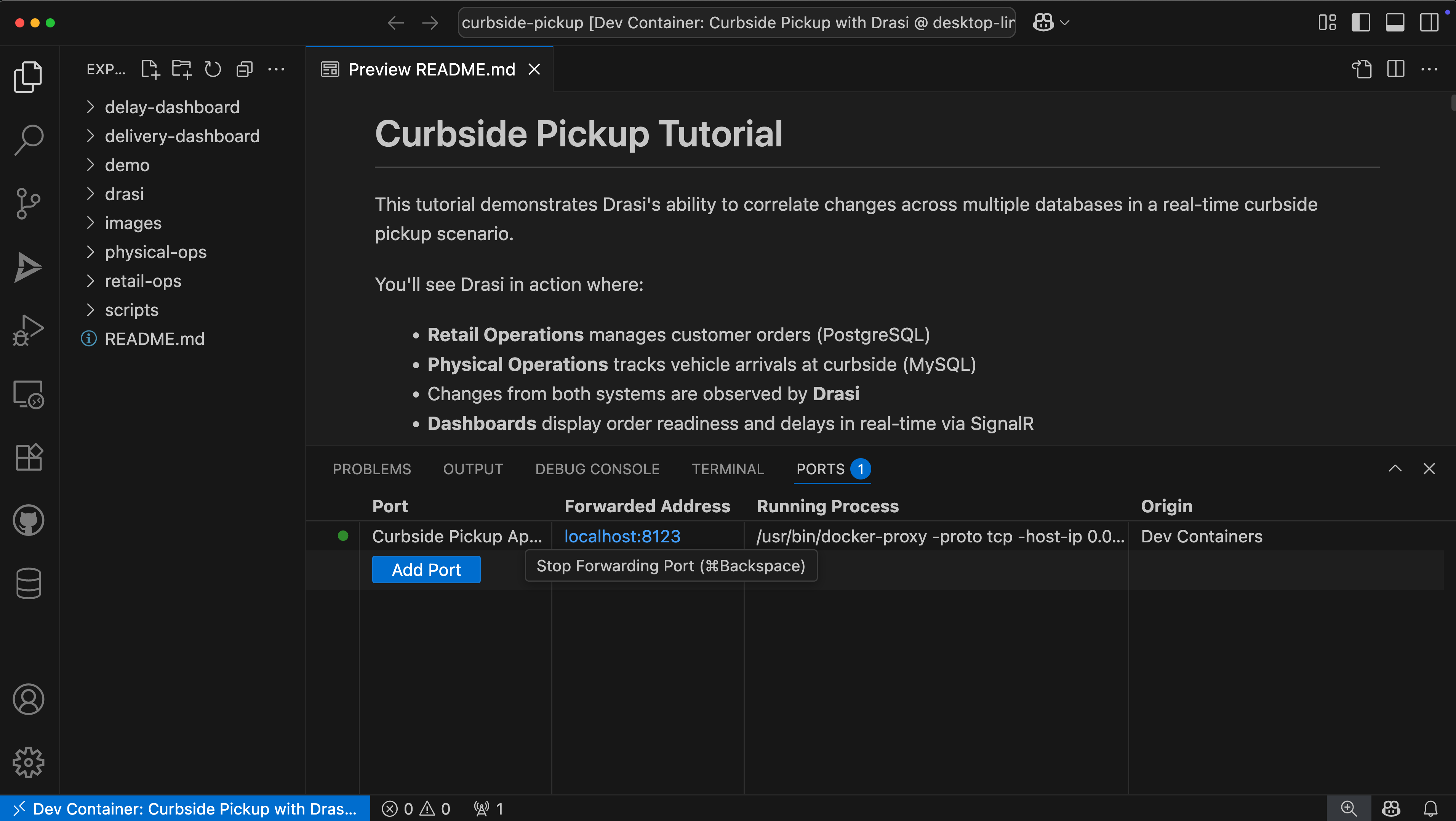VS Code interface showing how to open the Ports tab in Dev Container