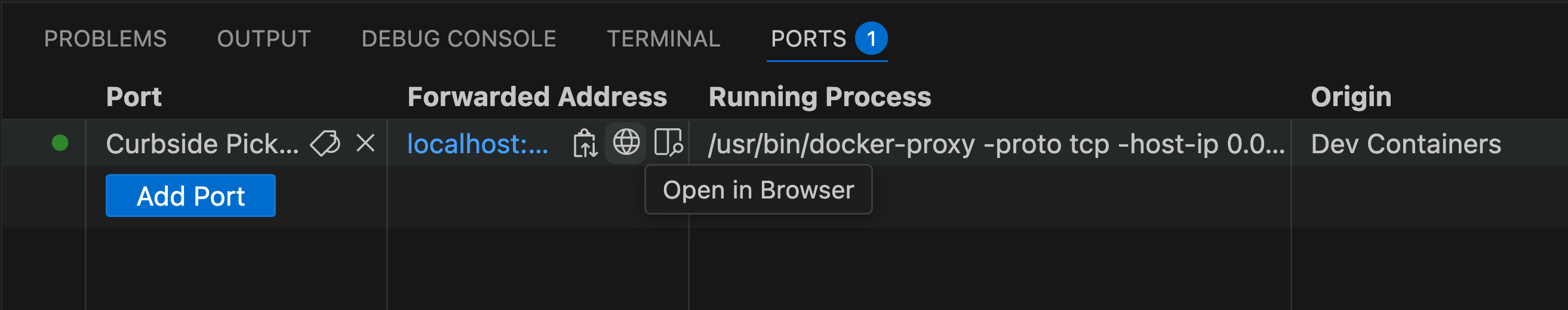 Dev Container Ports tab showing Open in Browser button for port 8123