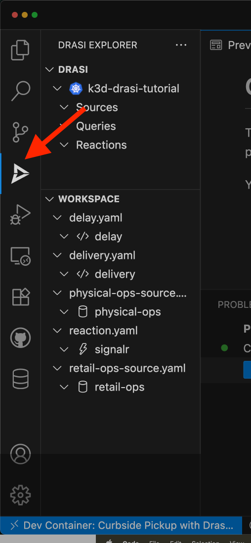 VS Code showing Drasi extension installed in Dev Container