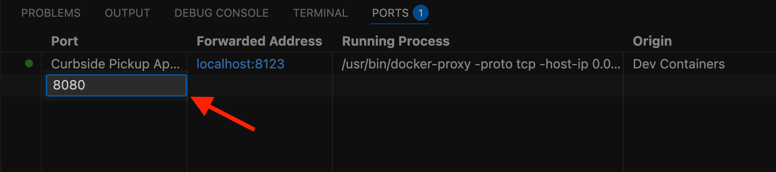 VS Code prompt to enter port number 8080 for forwarding