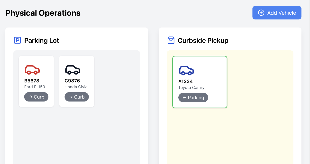 Screenshot of the Physical Operations application, showing a list of vehicles and their locations.