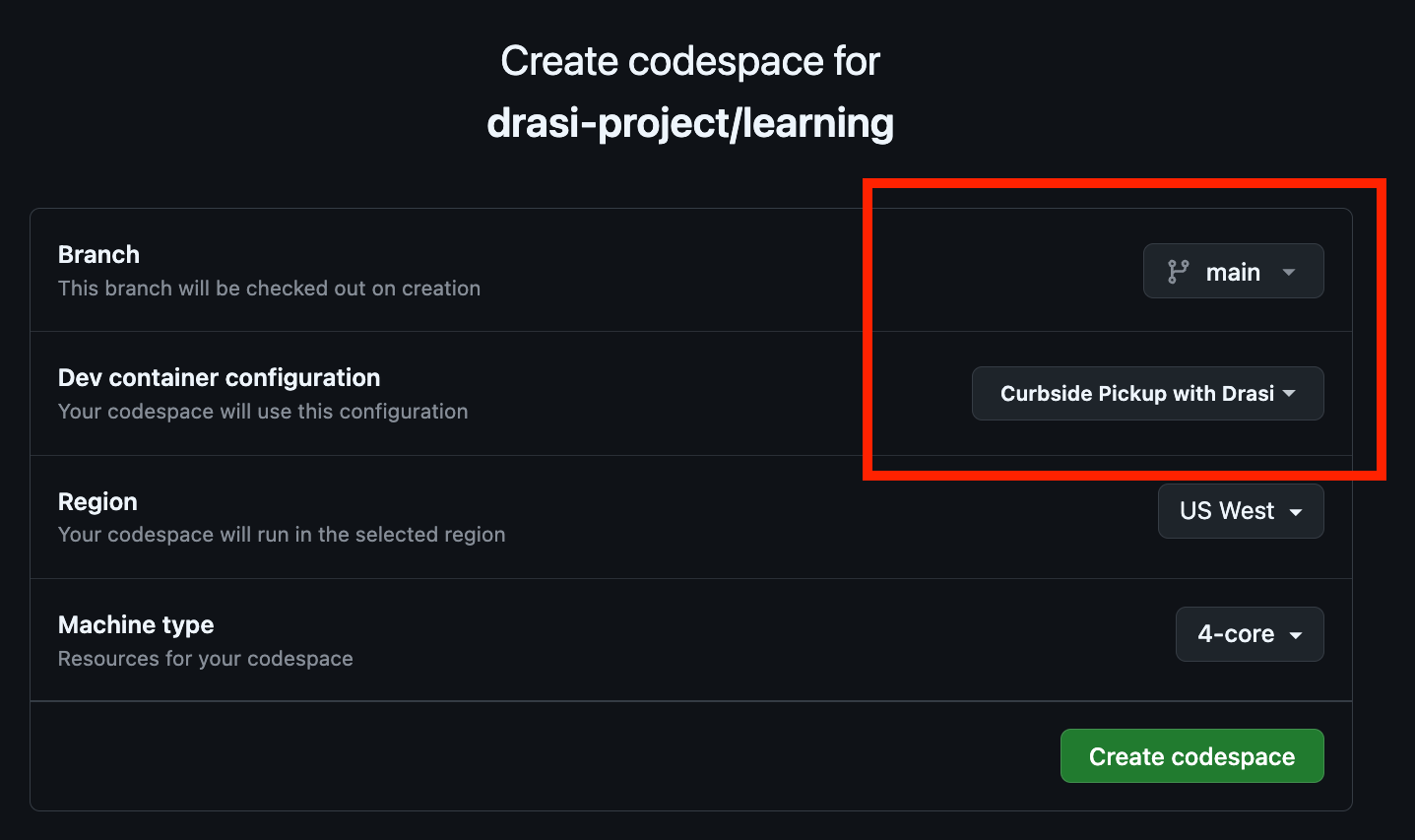 GitHub Codespaces configuration page showing main branch and Curbside Pickup dev container selection