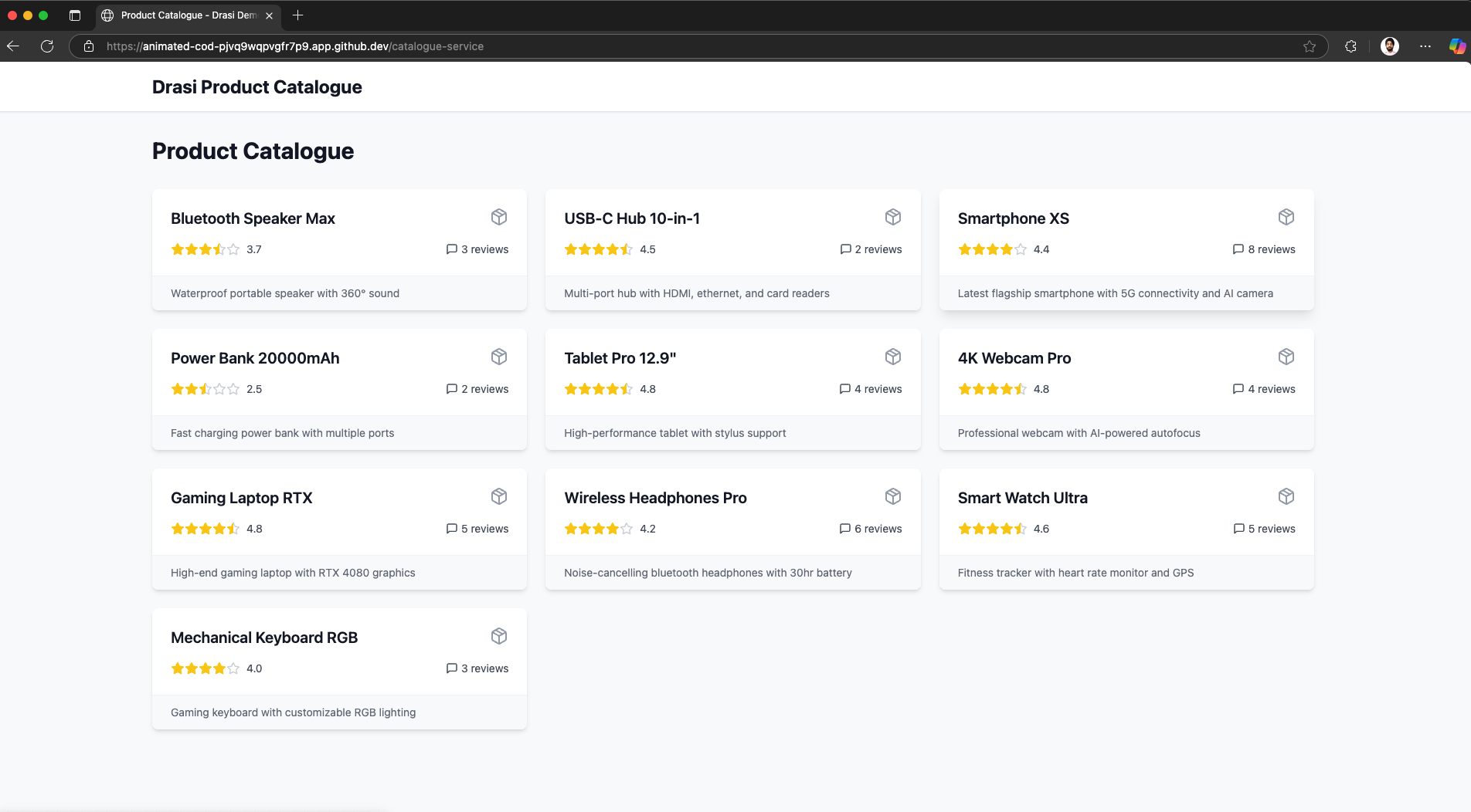 Product catalog showing materialized view with products and review statistics