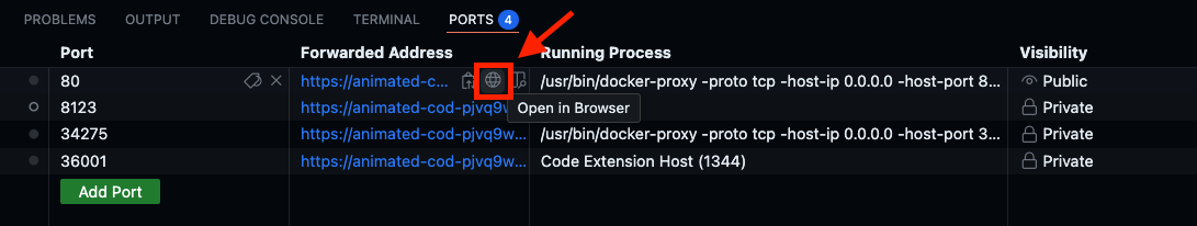 Screenshot showing forwarded ports in Codespaces