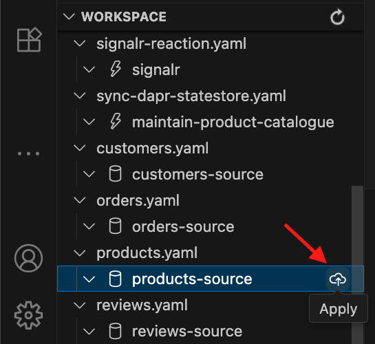 Find the Products source yaml in Drasi Extension's workspace and click Apply