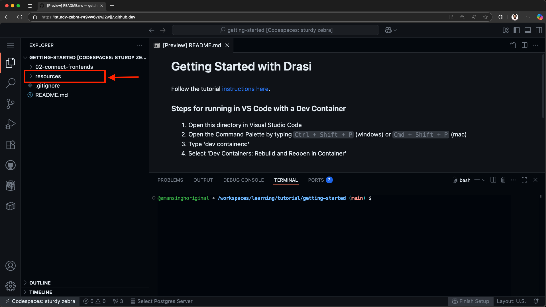 Codespace ready with welcome message and README file open