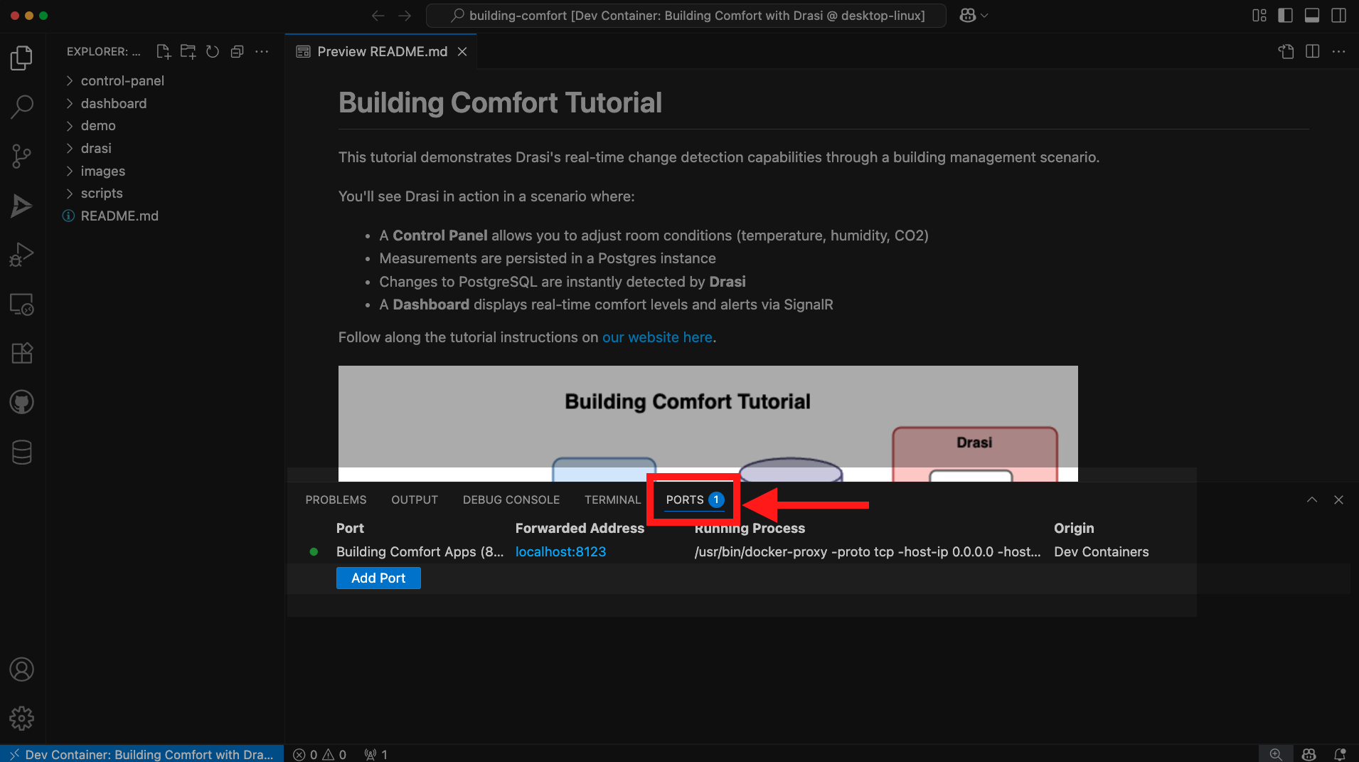 VS Code interface showing how to open the Ports tab in Dev Container