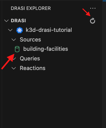 Drasi VS Code extension showing building-facilities source ready with green icon