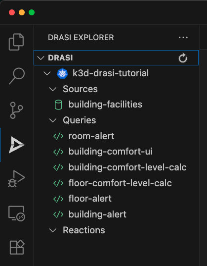 Drasi VS Code extension showing all 6 queries deployed and ready