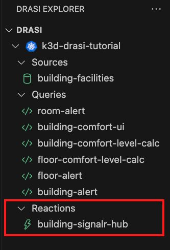 Drasi VS Code extension showing SignalR reaction ready with green icon