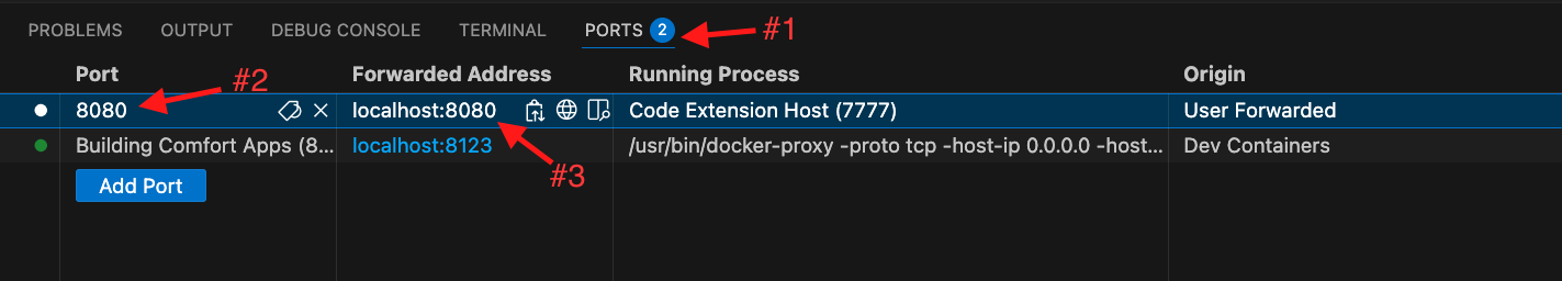 VS Code Ports tab showing port 8080 forwarded to localhost