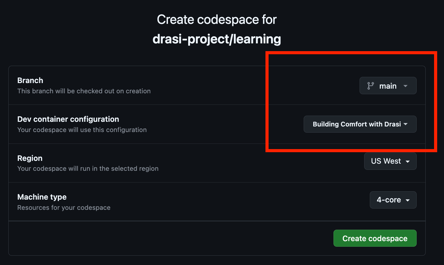 GitHub Codespaces configuration page showing main branch and Building Comfort dev container selection