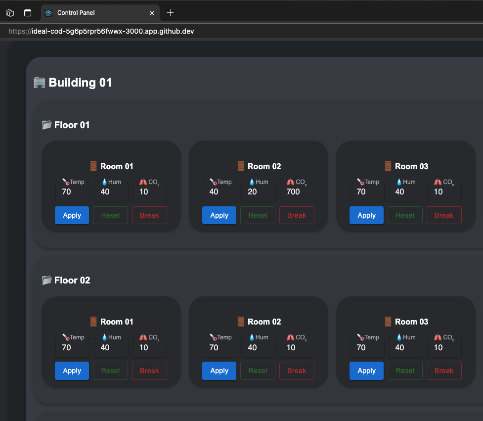 Screenshot showing Control Panel to fiddle with sensor values.