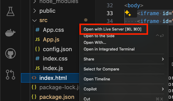 Screenshot showing how to open live server