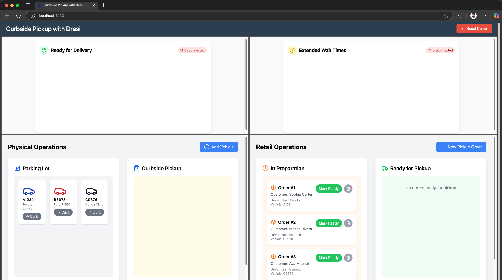 Demo portal showing disconnected dashboards before SignalR setup