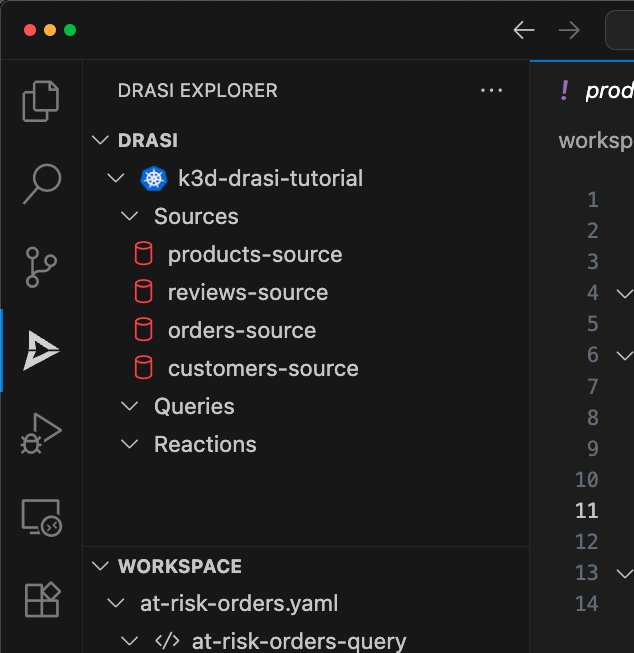 All sources are shown added in the Drasi Explorer, still in red